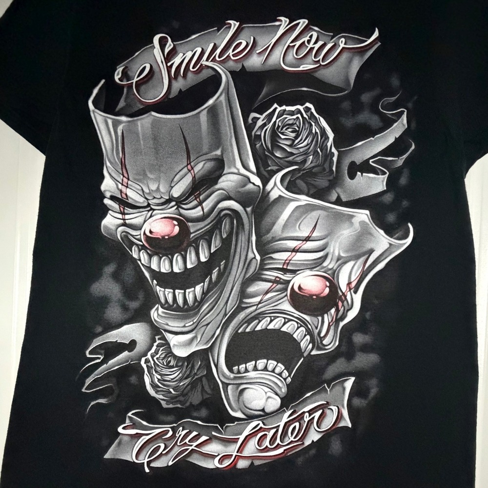 Smile Now Cry Later Scary Clown Mask Graphic Black T-Shirt Sz Mens Small